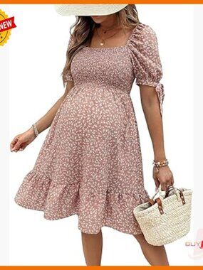Maternity Summer Dress Floral Puff Sleeve Square Neck Tie Back